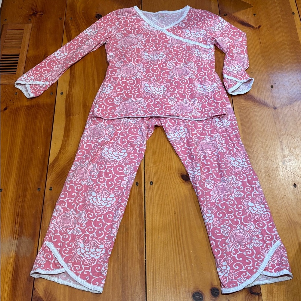 GARNET HILL Green Cotton XS Pink Asian Wrap Floral Printed Pajama Set 2-Pc